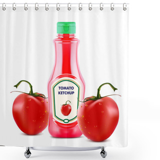 Personality  Ketchup Bottle With Fresh Tomatoes Isolated On White Background, Realistic Vector Illustration. Shower Curtains