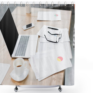Personality  Laptop, Cup Of Coffee, Smartphone, Papers And Glasses On Table Shower Curtains