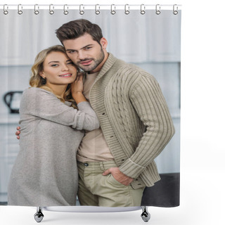 Personality  Cheerful Couple Hugging And Looking At Camera In Kitchen Shower Curtains