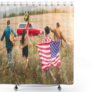 Personality  Rear View Of Group Of Young American Travellers With Flag Walking By Flower Field During Car Trip Shower Curtains