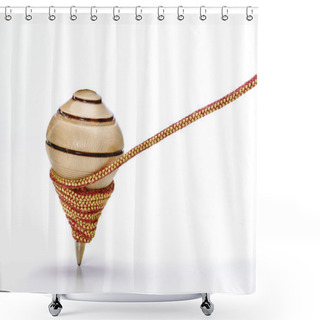 Personality  Wood Spinning Top On White Background And String. Shower Curtains