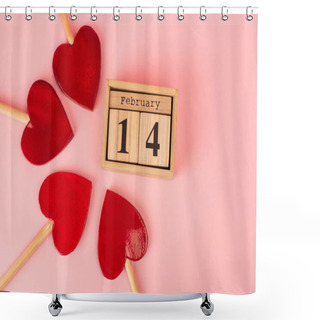Personality  Flat Lay Of Heart-shaped Lollipops Near Wooden Calendar With 14 February On Pink  Shower Curtains