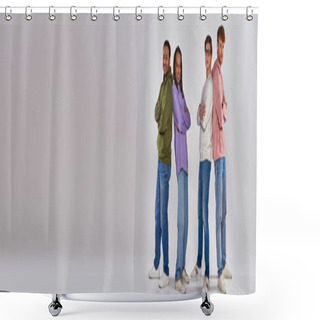 Personality  Multicultural Men Standing Back To Back And Smiling At Camera On Grey Backdrop, Diversity, Banner Shower Curtains