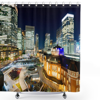 Personality  Business Concept For Real Estate And Corporate Construction - Panoramic Modern City Skyline Bird Eye Aerial Night View With Tokyo Station Under Dramatic Glow And Beautiful Dark Blue Sky In Tokyo,Japan Shower Curtains