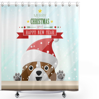 Personality  Merry Christmas And Happy New Year Background With Dog Standing Behind Window , Vector , Illustration Shower Curtains