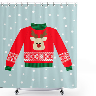 Personality  Stock Vector Illustration: Illustration Of A Red Christmas Sweater With Deer. Shower Curtains