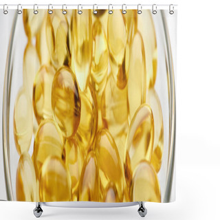 Personality  Close Up View Of Golden Fish Oil Capsules In Glass Bowl On White Background, Panoramic Shot Shower Curtains