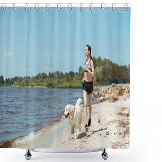 Personality  Young Asian Sportswoman Running With Golden Retriever On Beach  Shower Curtains