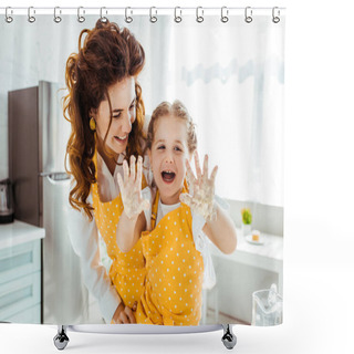 Personality  Smiling Mother Looking At Laughing Happy Daughter With Dirty Hands In Dough Shower Curtains