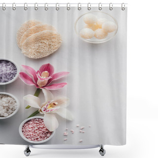 Personality  Beautiful Orchid Flowers, Sea Salt In Bowls And Sponges On White Background  Shower Curtains