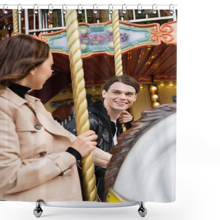 Personality  Happy Young Man Looking At Girlfriend Riding Carousel Horse In Amusement Park Shower Curtains