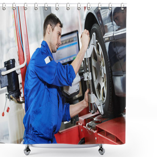 Personality  Auto Mechanic At Wheel Alignment Work With Spanner Shower Curtains