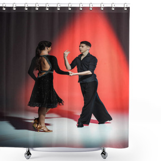 Personality  Elegant Young Couple Of Ballroom Dancers Dancing In Red Light Shower Curtains