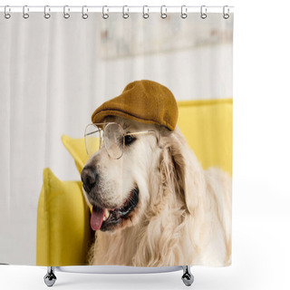 Personality  Funny, Adorable, Cute Golden Retriever In Cap And Glasses  Shower Curtains