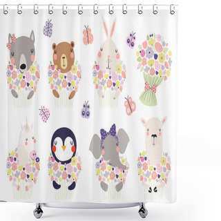 Personality  Set Of Cute Funny Little Animals With Flowers, Scandinavian Style Design,  Concept For Children Print Shower Curtains
