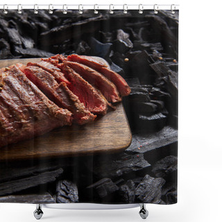 Personality  Cut Fresh Grilled Tasty Steak With Rare Roasting On Wooden Cutting Board On Black Coals Shower Curtains