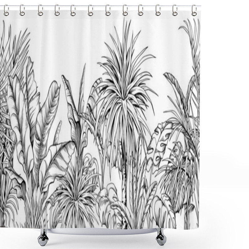 Personality  Seamless Border With Black And White Tropical Plants. Shower Curtains