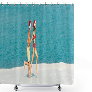 Personality  Panoramic Shot Of Sexy Girlfriend And Boyfriend In Santa Hats Running On Beach In Maldives  Shower Curtains