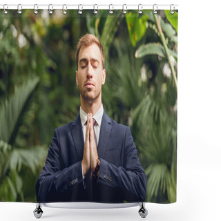 Personality  Handsome Businessman In Suit And Tie With Closed Eyes Meditating In Orangery Shower Curtains