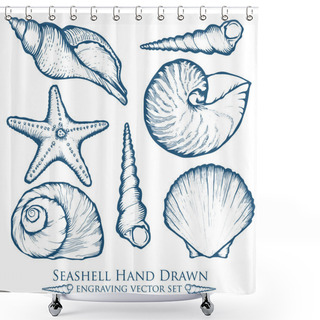 Personality  Seashell, Sea Shell, Starfish Nature Ocean Aquatic Underwater Vector Set. Hand Drawn Marine Engraving Illustration On White Background Shower Curtains