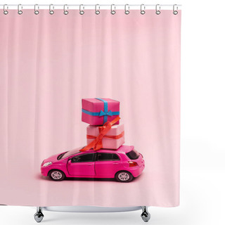 Personality  Toy Car And Gift Boxes On Pink Background Shower Curtains