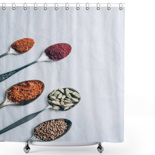 Personality  Top View Of Dry Spices In Spoons On White Table Shower Curtains
