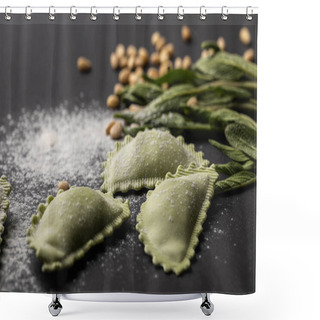 Personality  Selective Focus Of Green Ravioli, Sage And Scattered Flour And Pine Nuts On Black Table Shower Curtains