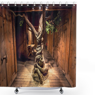 Personality  Borg - June 15, 2018: Recreation Of The Viking Tree Yggdrasil Inside The Viking Longhouse In The Lofotr Viking Museum At The Town Of Borg In The Lofoten Islands, Norway Shower Curtains