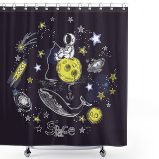 Personality  Square Card Template With The Image Of Cosmic Elements. Astronaut Sits On The Planet And Catches Fish. Galaxy, Whale And Stars. Circular Composition. Space Objects. Shower Curtains