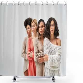 Personality  Stylish Multiethnic Women In Trendy Knitted Jumpers Crossing Arms And Looking Away While Standing Isolated On Grey, Different Body Types And Self-acceptance, Multicultural Representation Shower Curtains