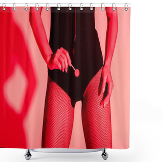 Personality  Cropped View Of Sensual Girl In Fishnet Tights Holding Lollipop In Red Light Shower Curtains