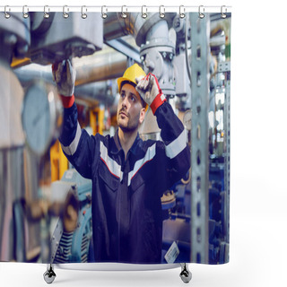 Personality  Handsome Caucasian Blue Collar Worker In Protective Uniform And With Hardhat On Head Checking On Boiler While Standing In Factory. Shower Curtains