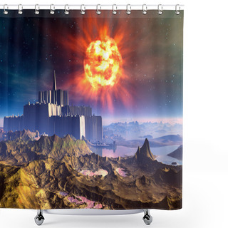Personality  Alien Castle Fortress Under An Exploding Sun Shower Curtains