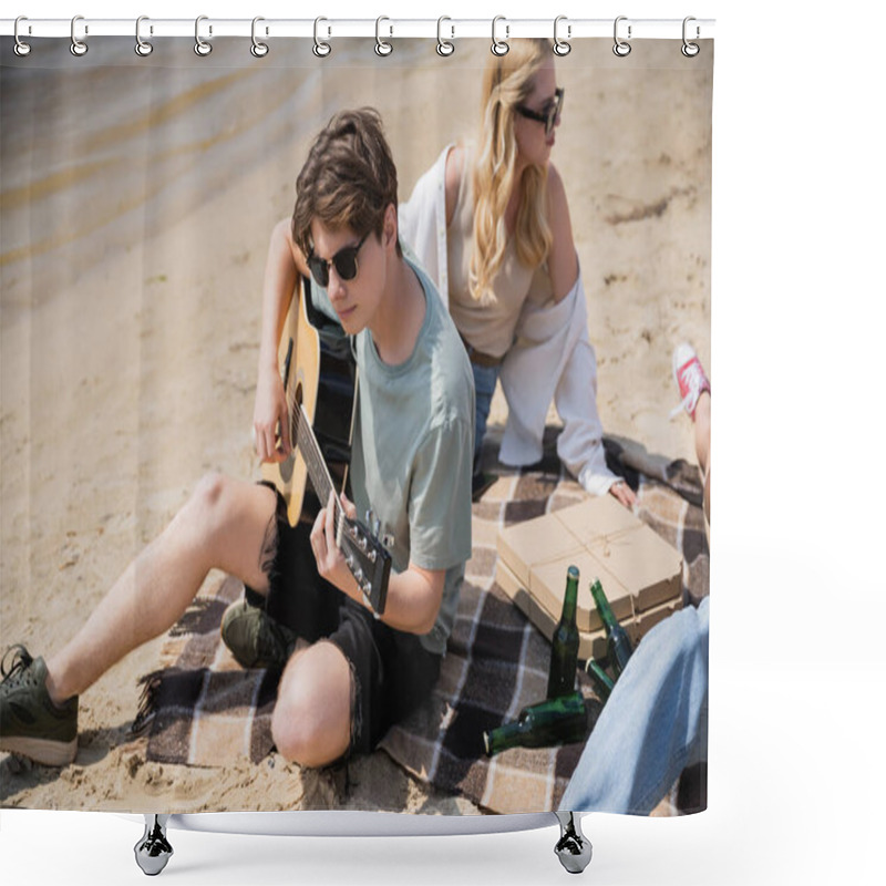 Personality  Man In Sunglasses Playing Acoustic Guitar During Beach Party With Friends Shower Curtains