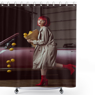 Personality  Girl In Red Wig And Stylish Trench Coat Holding Paper Bag With Falling Lemons Near Retro Car  Shower Curtains