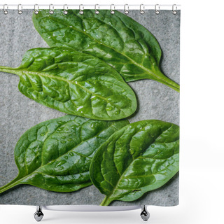 Personality  Top View Of Green And Fresh Picked Spinach Leaves On Grey Background Shower Curtains
