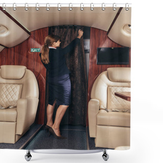 Personality  Flight Attendant In Uniform Holding Curtain In Private Plane  Shower Curtains