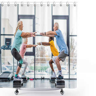 Personality  Side View Of Multicultural Senior Athletes Synchronous Doing Squats On Step Platforms At Gym Shower Curtains