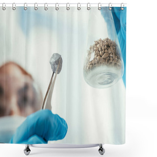 Personality  Selective Focus Of Biochemist Holding Small Stone With Tweezer And Flask With Gravel Shower Curtains