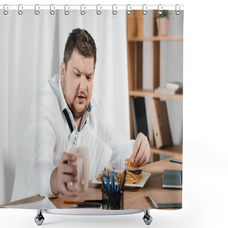 Personality  Overweight Businessman Eating Fast Food And Drinking Coffee In Office Shower Curtains