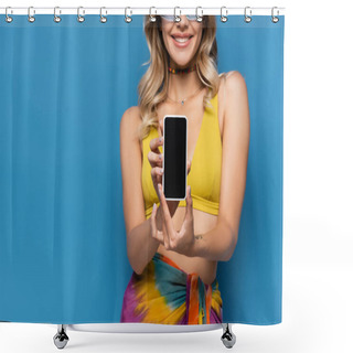Personality  Cropped View Of Happy Young Woman In Yellow Bikini Top Holding Smartphone With Blank Screen Isolated On Blue Shower Curtains