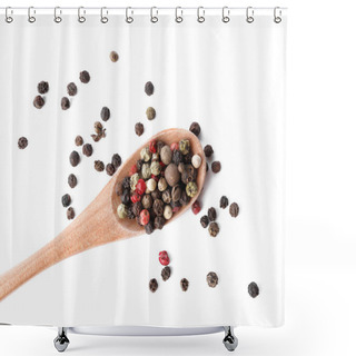 Personality  Mix Of Different Pepper Grains Isolated On White, Top View Shower Curtains