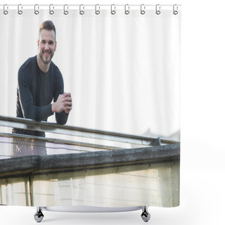 Personality  Portrait Of Sport And Fitness Runner Man Resting On Bridge After Shower Curtains