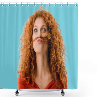 Personality  Beautiful Redhead Girl Having Fun Isolated On Blue Shower Curtains