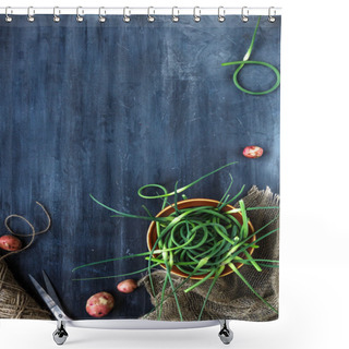Personality  Fresh Garlic Scapes On A Dark Background, Place For Text Shower Curtains