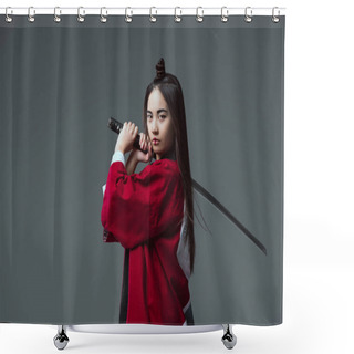Personality  Young Woman In Kimono Holding Katana And Looking At Camera Isolated On Grey  Shower Curtains