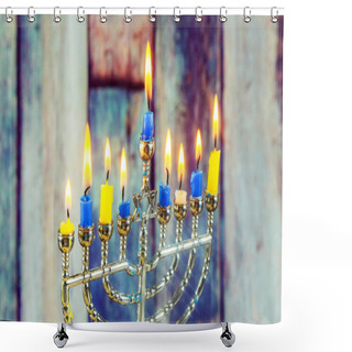Personality  Jewish Holiday Hannukah With Menorah Traditional Shower Curtains