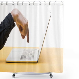 Personality  Cropped View Of Man Pointing With Finger At Laptop On Desk Isolated On White  Shower Curtains