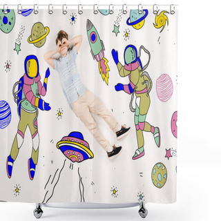 Personality  Cute Kid With Hands Near Eyes Flying In Space Near Astronauts On White  Shower Curtains