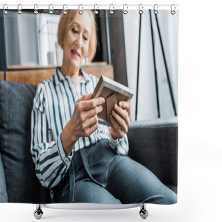 Personality  Senior Woman In Casual Clothes Sitting On Couch And Looking At Picture Frame Shower Curtains